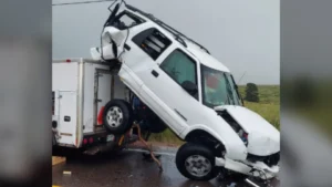 ‘Didn’t see it coming’: Driver injured as crash launches vehicle on top of construction van near Parker