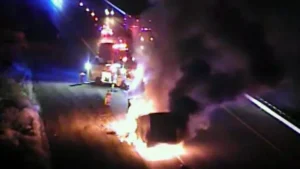 Tractor-trailer bursts into flames on I-15 south of Las Vegas near Primm