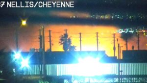 Fire crews battle structure fire size of city block in northeast Las Vegas valley