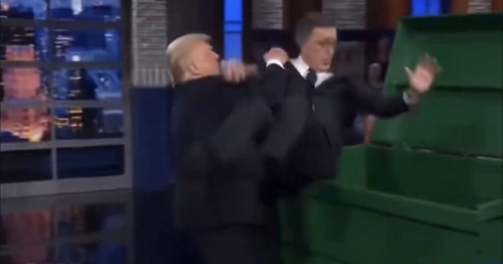 INSTANT CLASSIC! Trump Posts EPIC AI Video of Him Throwing Stephen Colbert in Dumpster, Then Doing Trump Dance After Colbert Fired by CBS