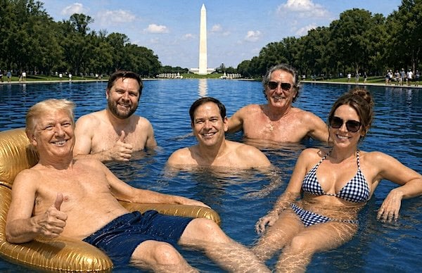 ‘The GOAT of trolls!’ Trump posts astonishing image of himself and Cabinet members floating in Lincoln Memorial Reflecting Pool