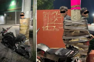 TAPED CRUSADER: Mexican ‘Batman’ vigilante wanted for chasing down suspected motorbike thieves, taping them to lampposts