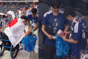 GOOD SPORT: NFL quarterback joins Japanese fans in post-match cleanup inside Dallas Stadium