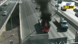 Truck fire blocks multiple lanes on I-15 near downtown Las Vegas