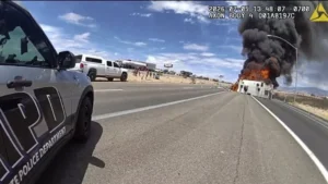 Person involved in fiery I-15 crash dies; Mesquite police thank people who helped at scene