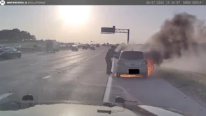 Texas cop saves driver from burning car moments before it goes up in flames, heart-stopping video shows