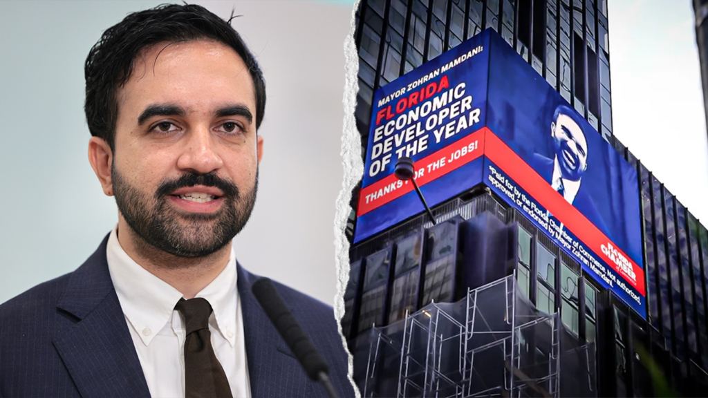 BIG APPLE BITE: Florida crowns Communist Mamdani ‘developer of the year’ in huge Times Square ad