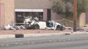 Two people extricated, 1 critical, after fiery crash west of Las Vegas Strip