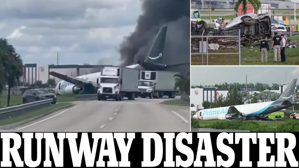 Five dead, multiple injured after Amazon plane overshoots runway and smashes into vehicles before bursting into flames in Miami