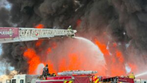 Large fire involves railroad ties in Pueblo