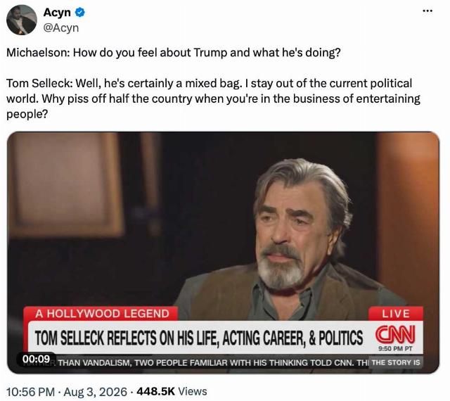 TOM SELLECK GETS IT RIGHT: Actors ought to shut up about politics and act